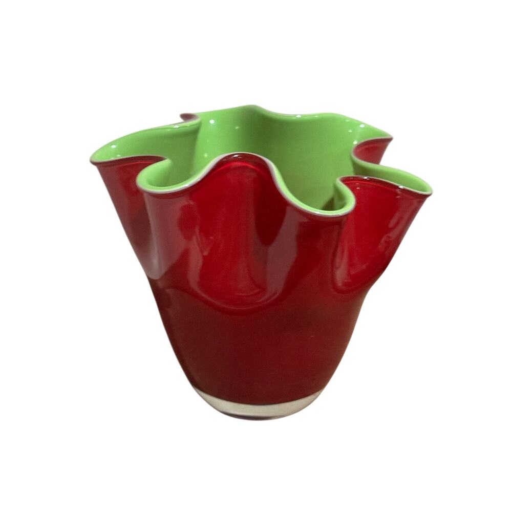 Red Green Ruffled Handkerchief Vase Bowl